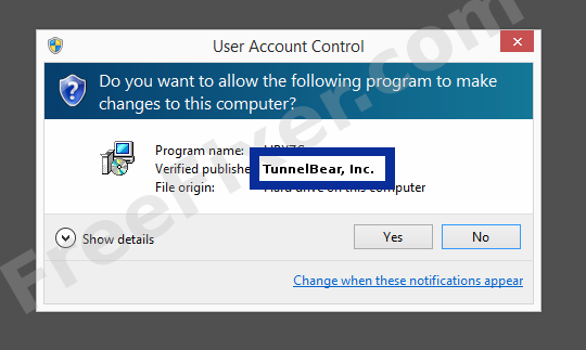 Screenshot where TunnelBear, Inc. appears as the verified publisher in the UAC dialog